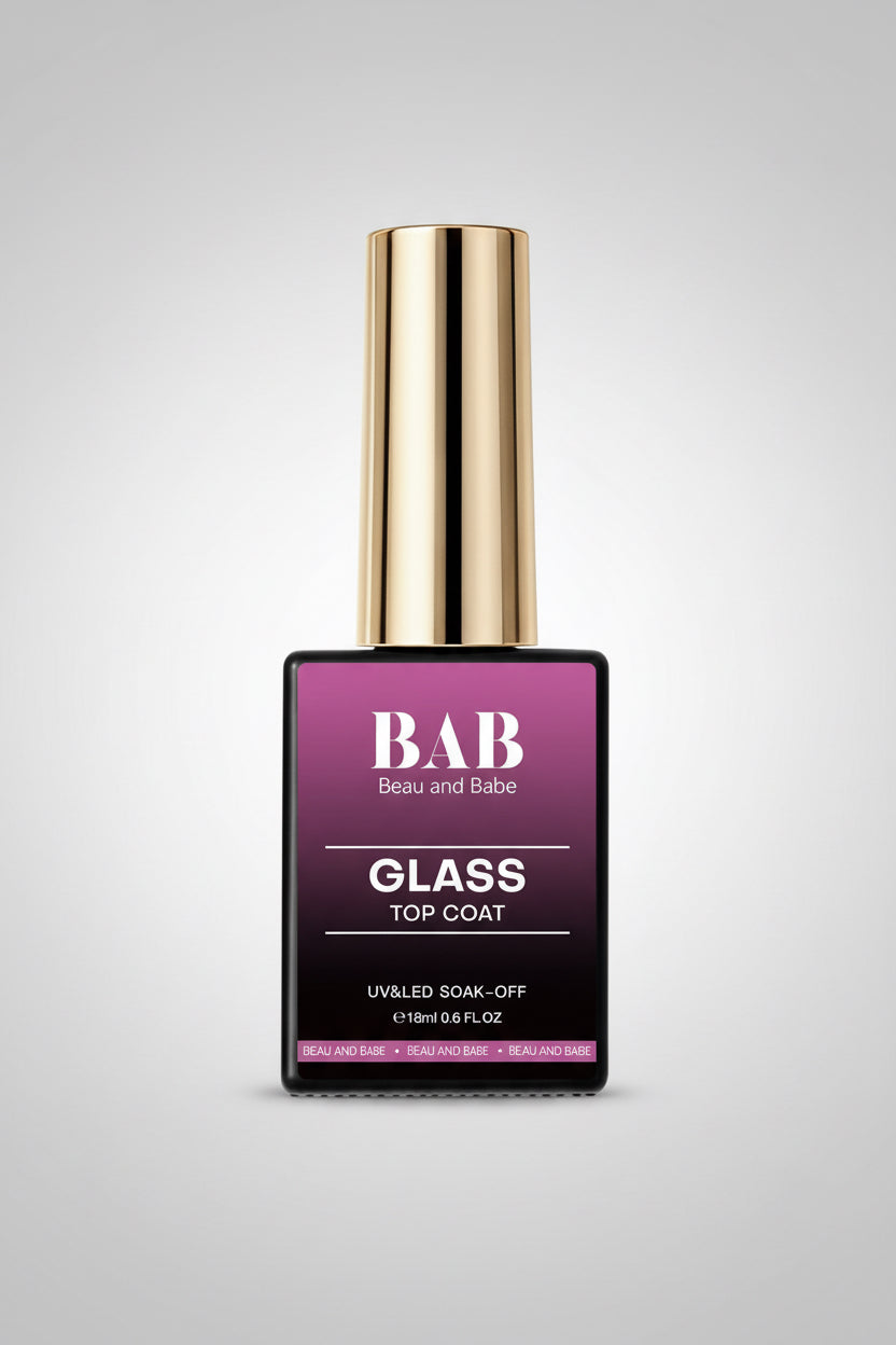 Bottle of BAB Glass Top Coat with gold cap on a white background