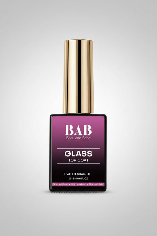 Bottle of BAB Glass Top Coat with gold cap on a white background